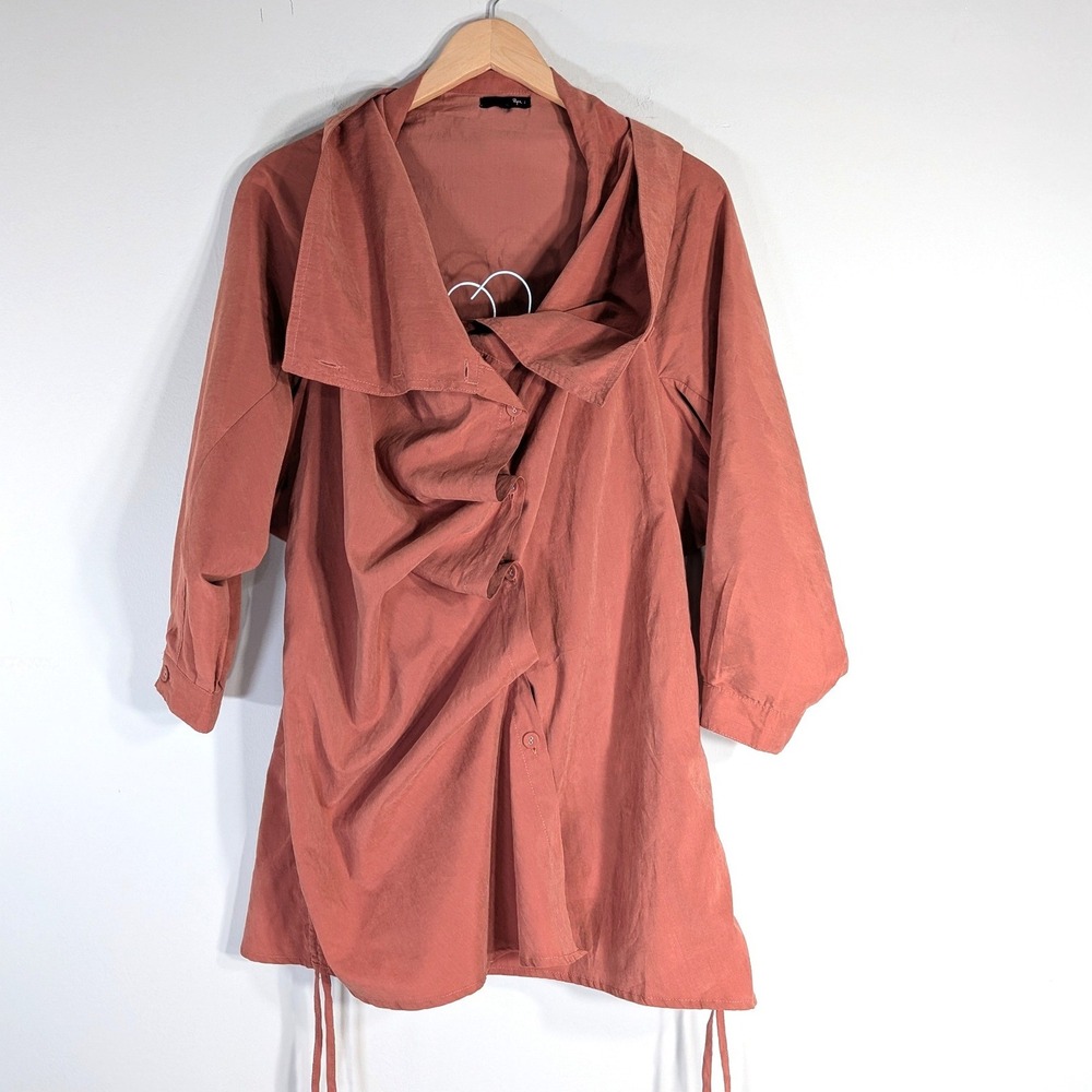 RYU Terracotta Asymmetric Button Down Jacket; Drawstring Waist, Draped Collar